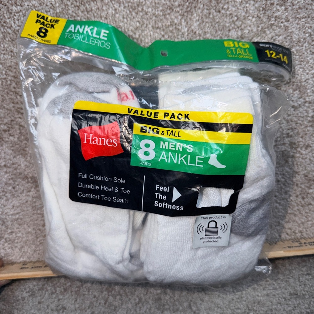 Hanes Mens Big and Tall Ankle Socks 7 Pair Pack White Gray Shoe Size 12-14